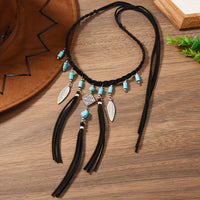 Bohemian Turquoise Bead Silver Feather Tassel Necklace