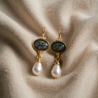 Geometric Black Stone & Pearl Earrings
