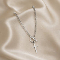 Trendy White Gold Toggle Necklace with Cross Pendant